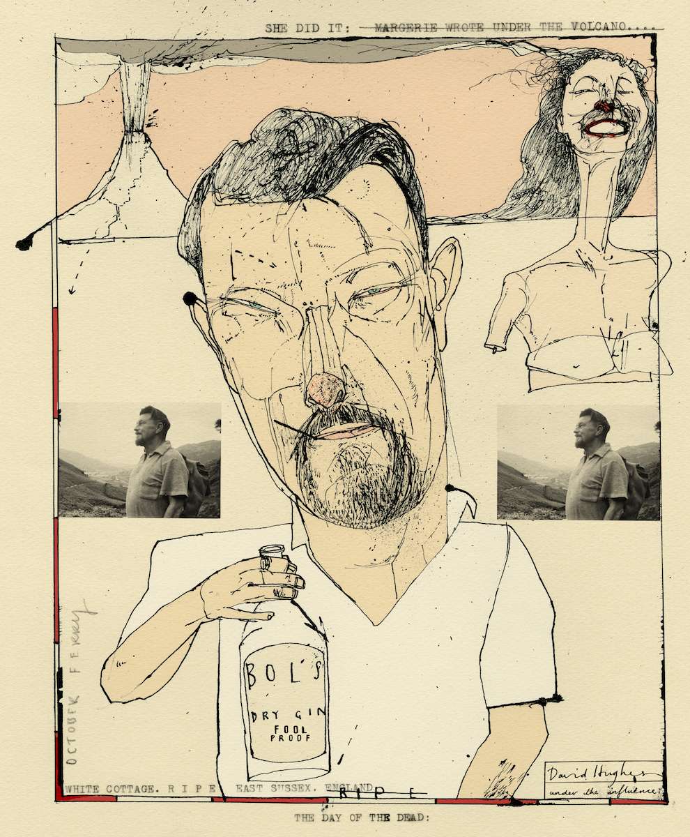 David Hughes, Caricatural portrait of a man holding a bottle of gin. Mixed media illustration using pencil and photo collage 